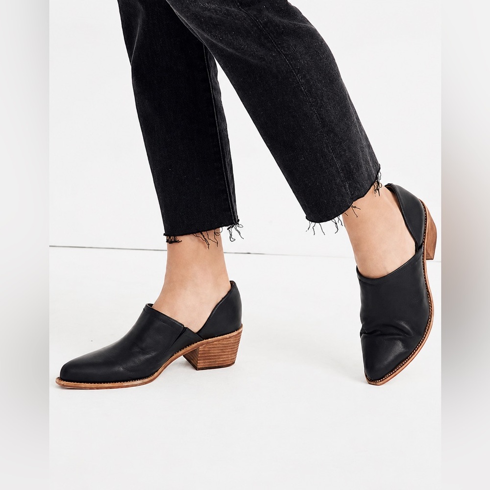 MADEWELL - Brady Black Leather Low-Cut Booties | Western-Inspired | Stacked Heel